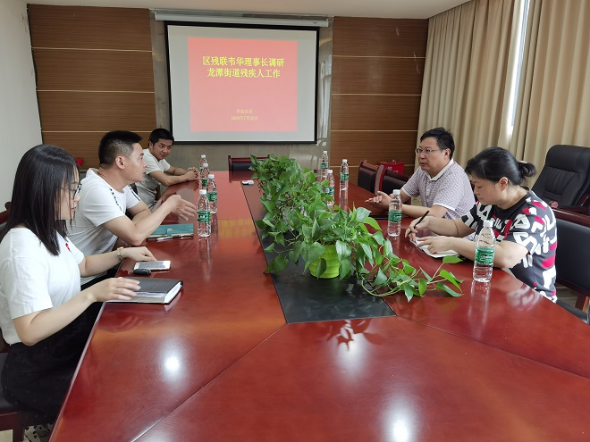 图片：区残联党组书记、理事长韦华与龙潭街道、社区残联干部座谈